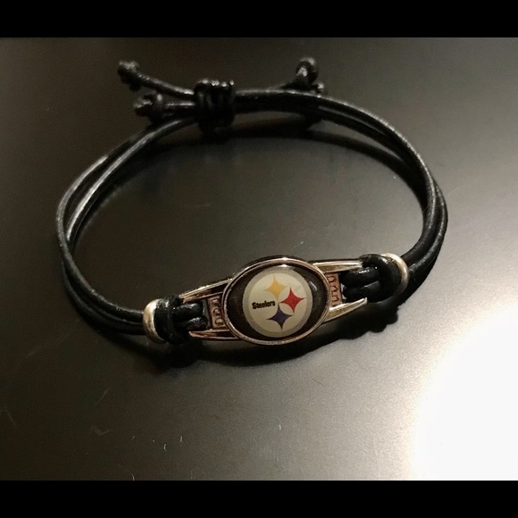 NEW SPORTS FAN Bracelet- Stainless Steel Black Leather with Adjustable Closure